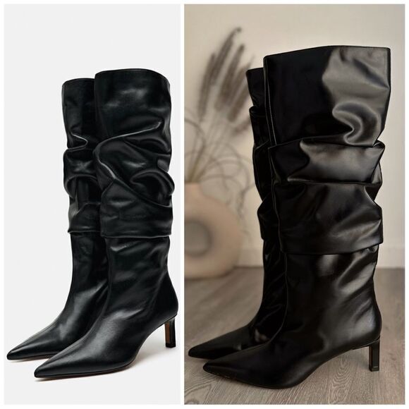 ZARA SLOUCHY LEATHER KNEE HIGH HEELED BOOTS - Picture 2 of 9